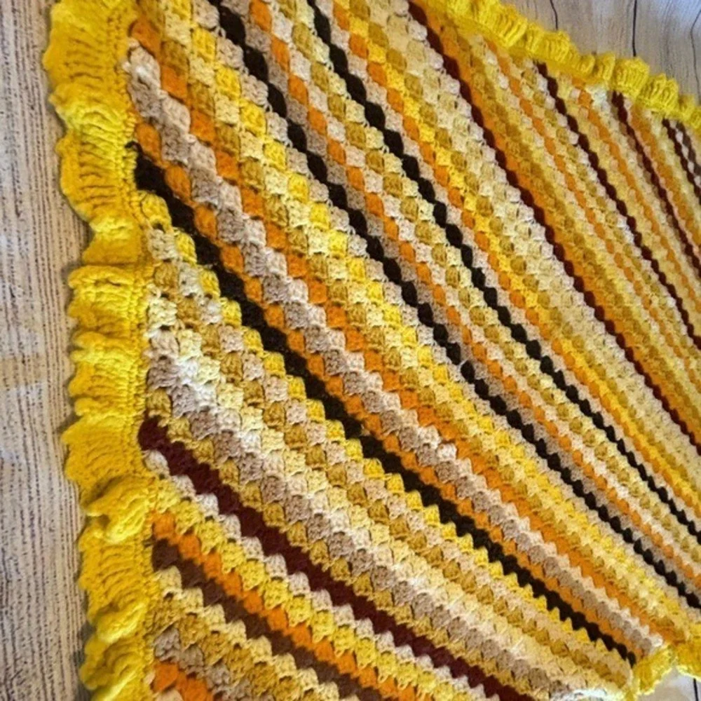 Grannycore Handmade Afghan‎ Autumn Stripe Colors with Ruffles 68